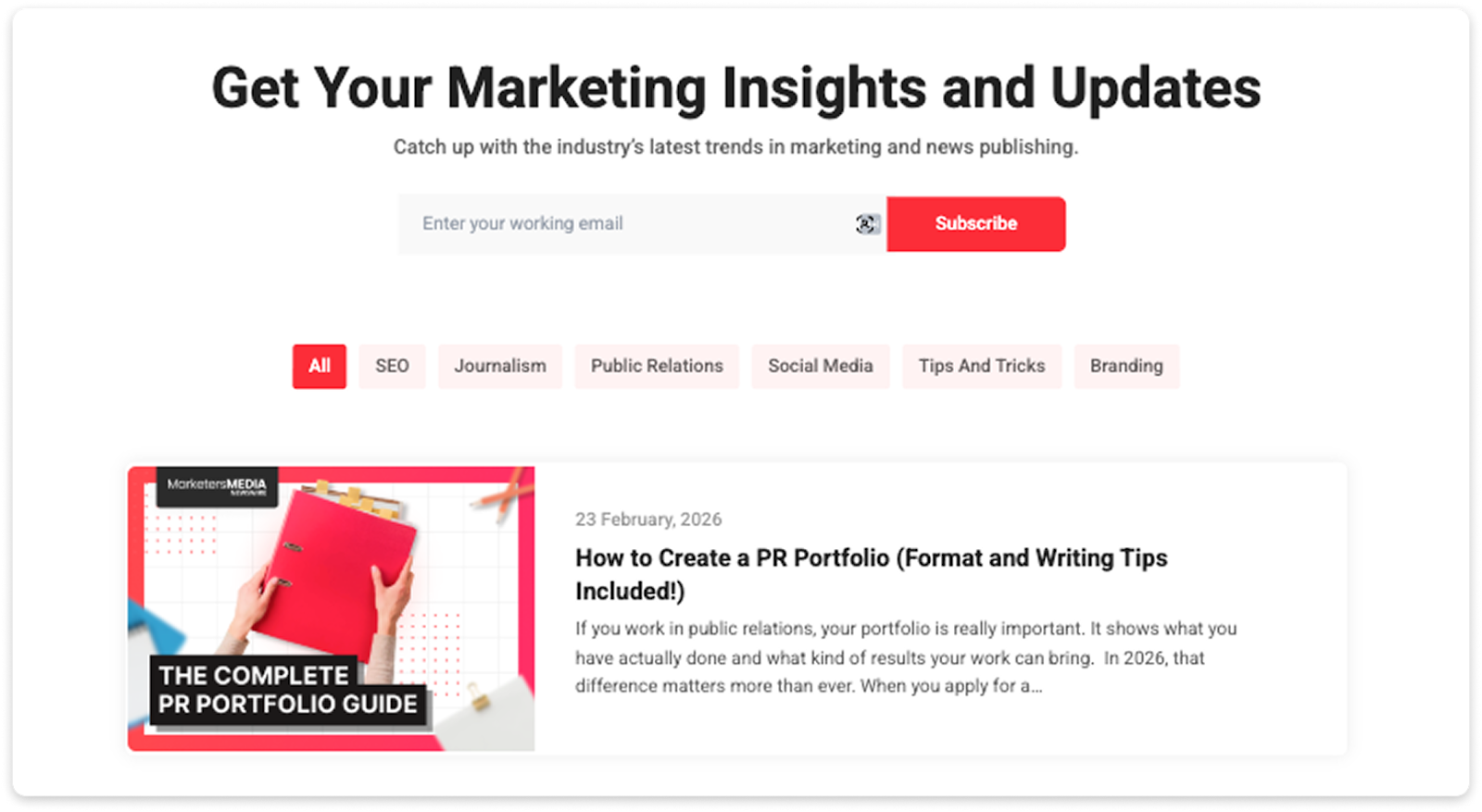 MarketersMEDIA blog page showing marketing insights and articles.