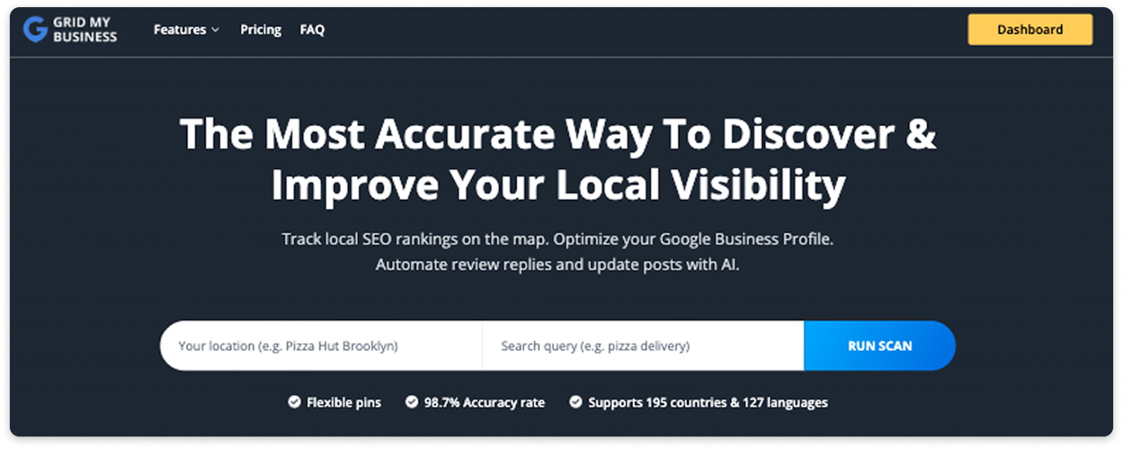 Grid My Business homepage showing local SEO visibility tool and search scan bar.