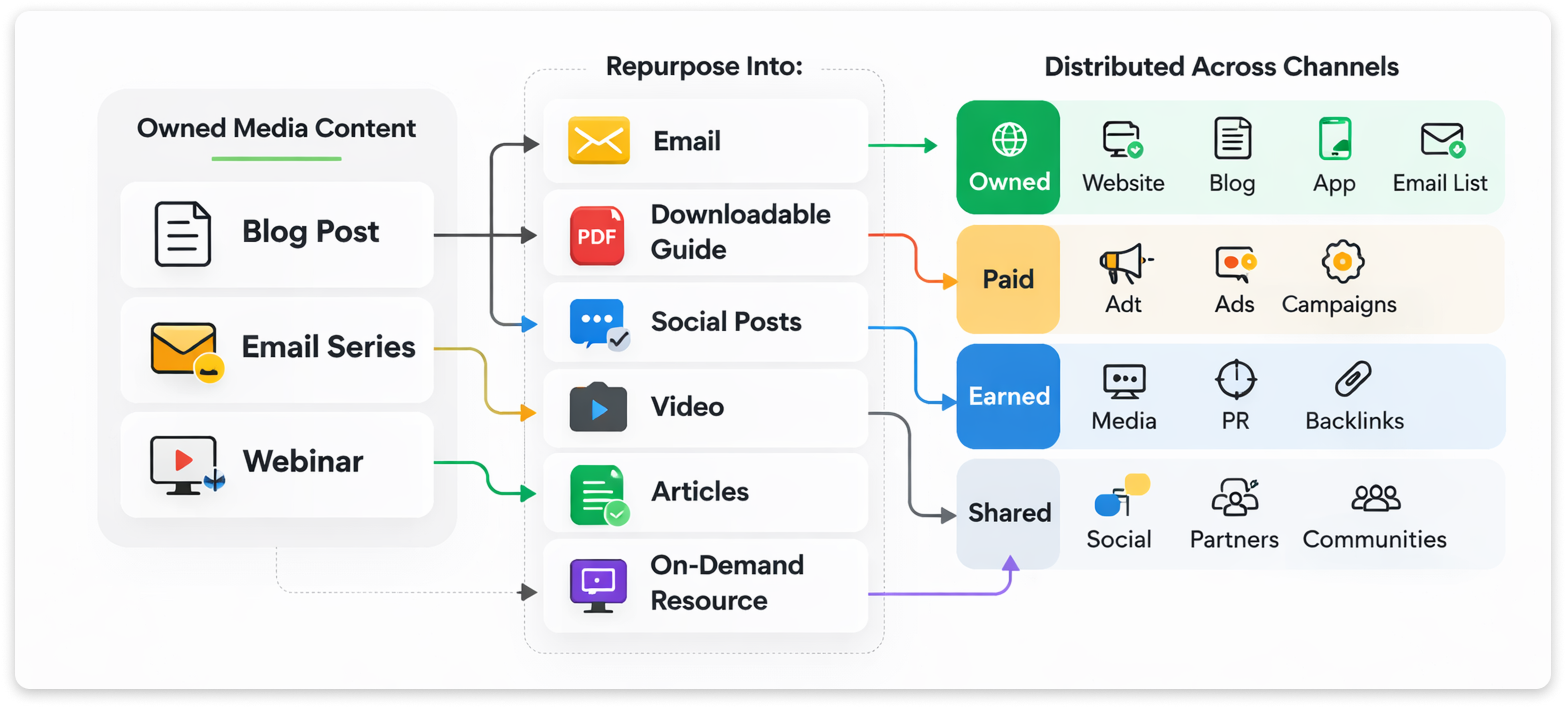 Content repurposing flow showing blog, email, guide, and social channels.