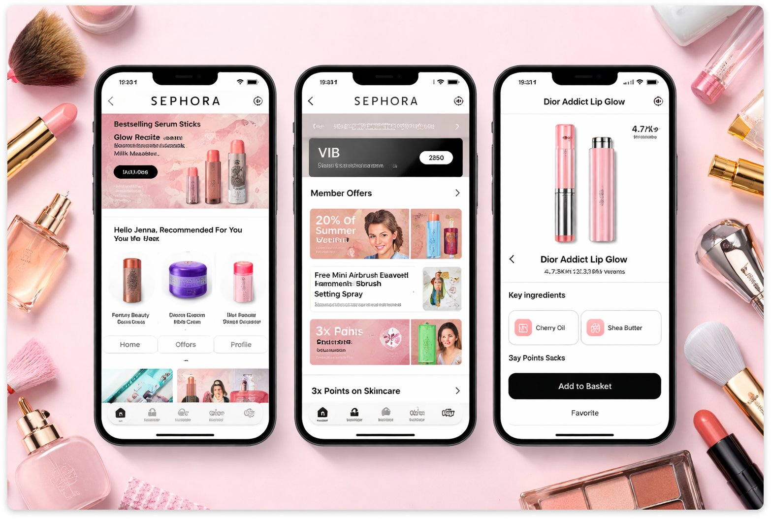 Sephora mobile app screens showing product recommendations, rewards, and product details.