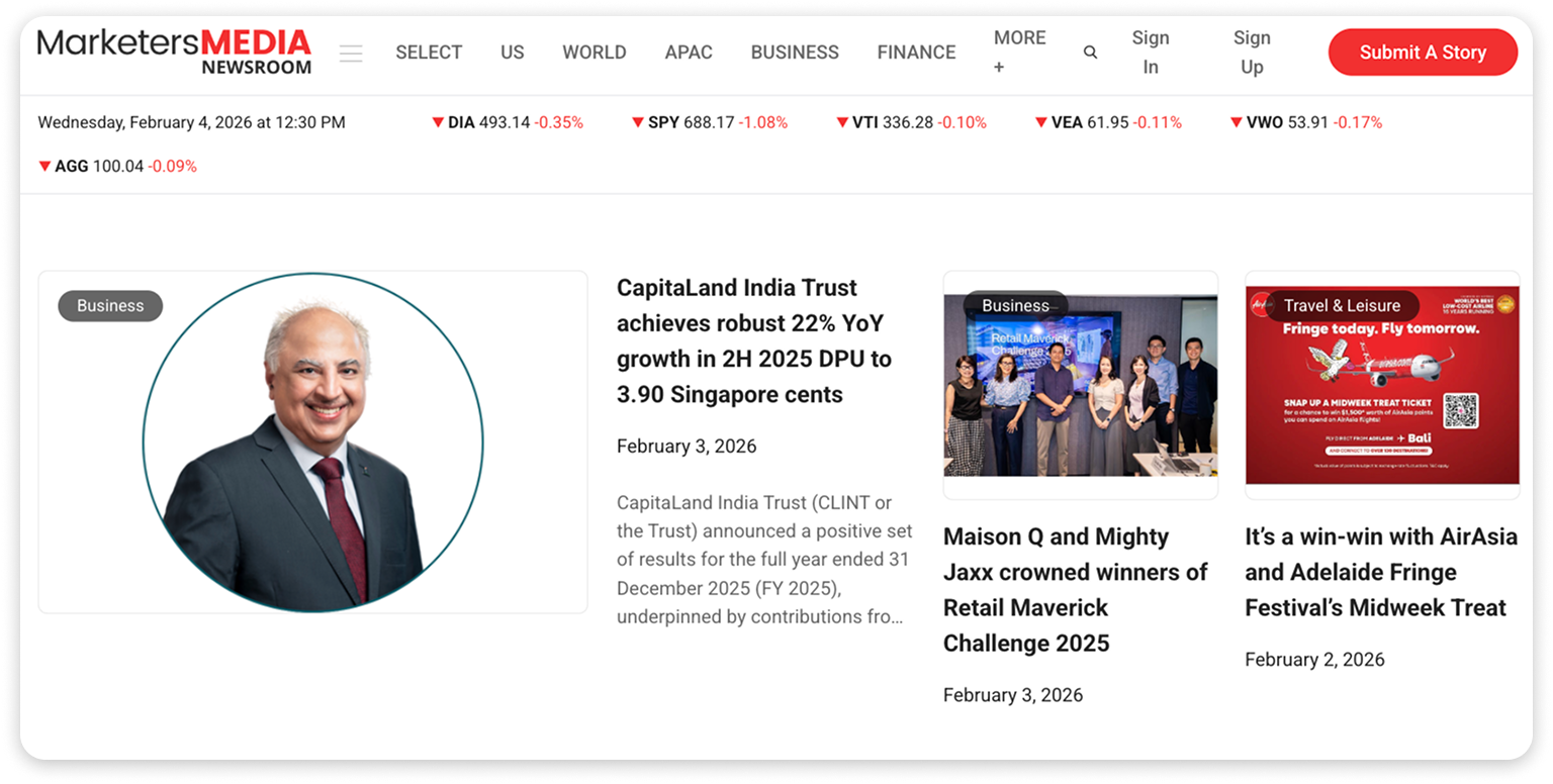 MarketersMEDIA Newsroom homepage with featured business news, including CapitalLand India Trust growth story and market index tickers.