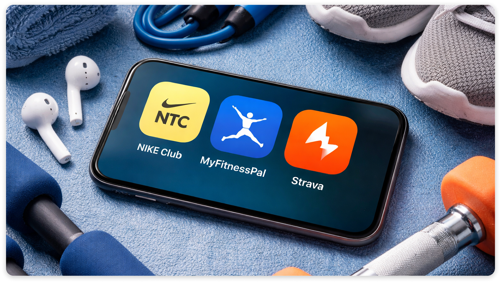 Smartphone displaying fitness apps with workout equipment around it.