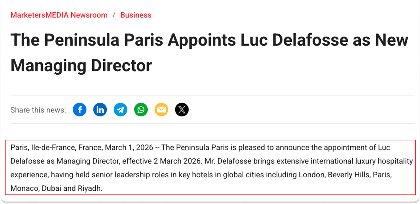 Screenshot of a MarketersMEDIA Newswire article titled “The Peninsula Paris Appoints Luc Delafosse as New Managing Director” with dateline and opening paragraph visible.
