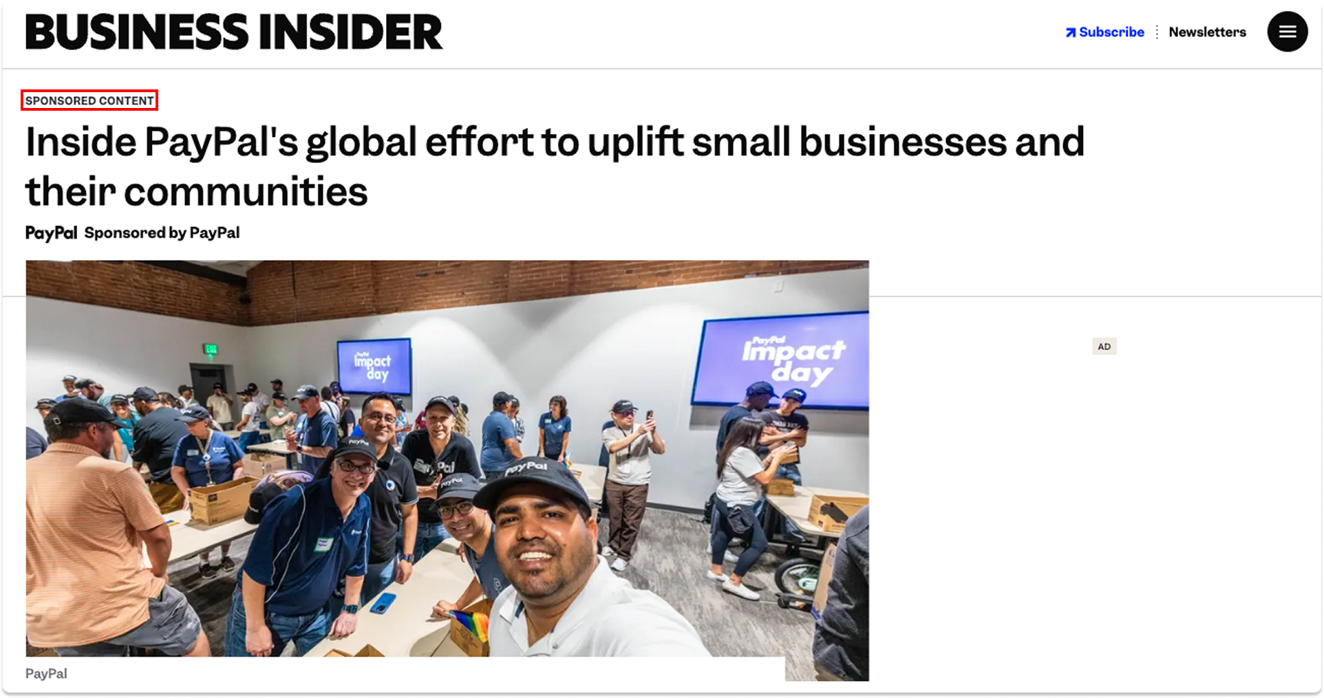 Business Insider sponsored article about PayPal’s global initiative supporting small businesses, labeled “Sponsored Content.”