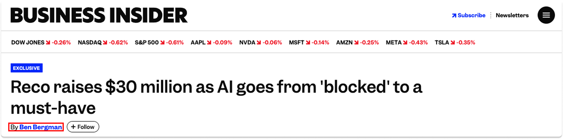 Business Insider editorial news article about Reco raising $30 million in AI cybersecurity funding.