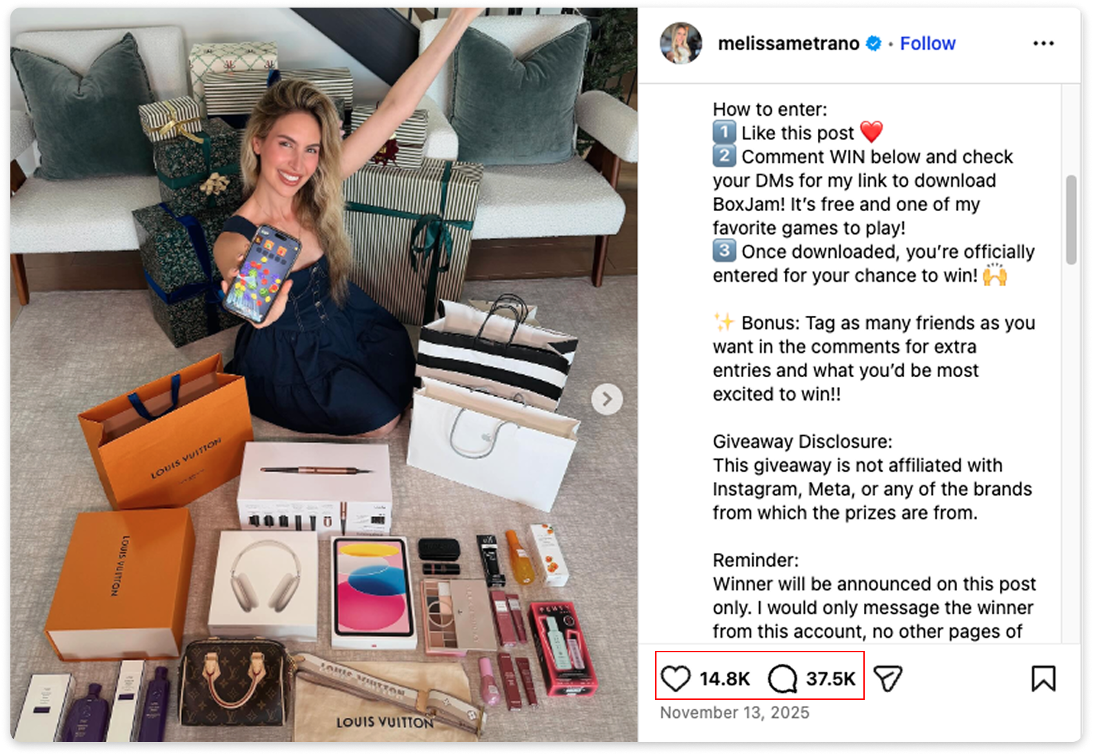 Instagram giveaway post showing a woman holding a phone and posing with luxury prizes like Louis Vuitton items and Apple products.
