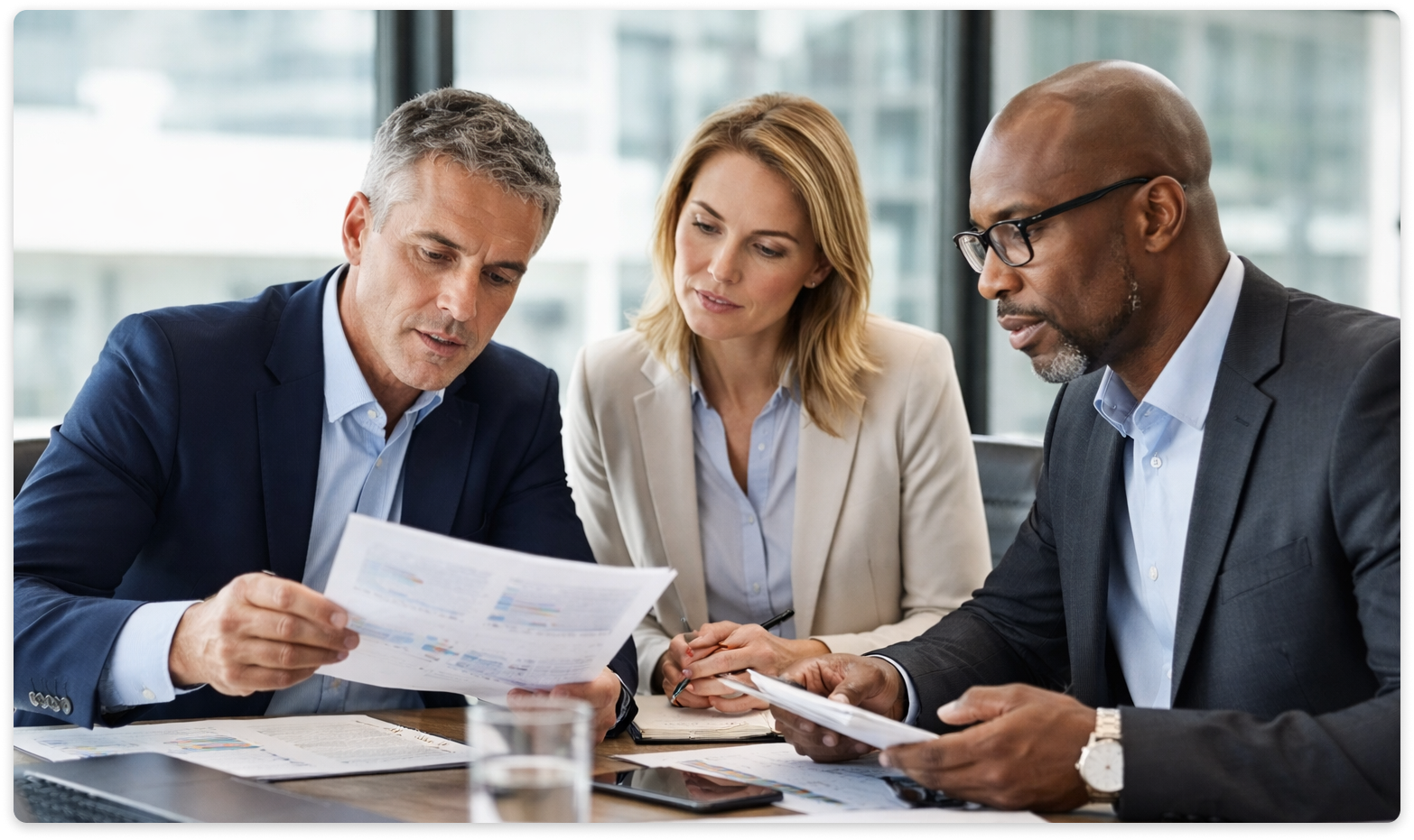 CEO and CFO reviewing financial reports together at a conference table.