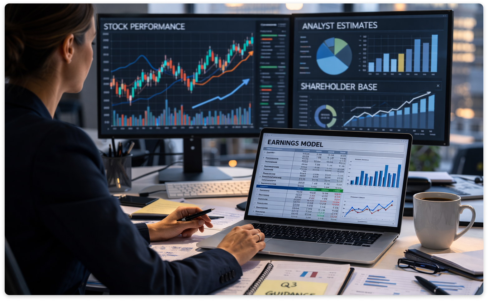 Financial analyst reviewing earnings model and stock performance charts on dual monitors.