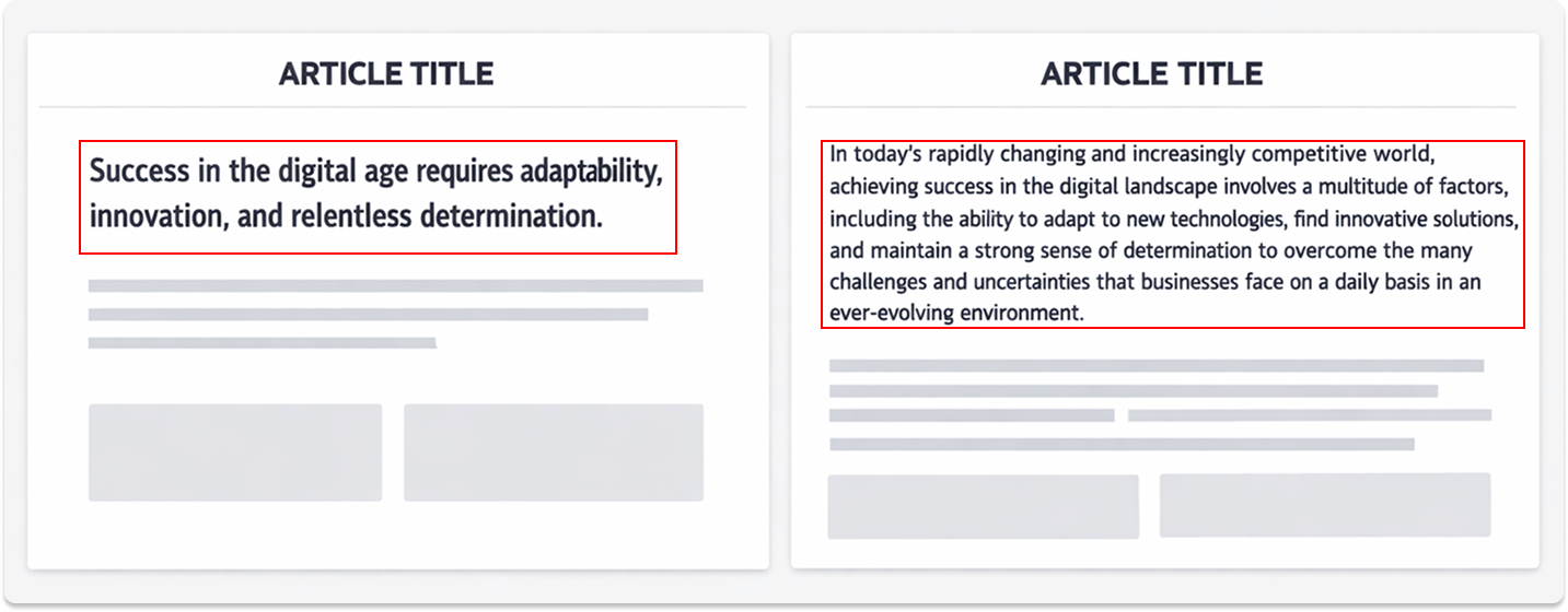 Split-screen illustration comparing a bold, concise article lead on the left with a long, cluttered opening paragraph on the right.