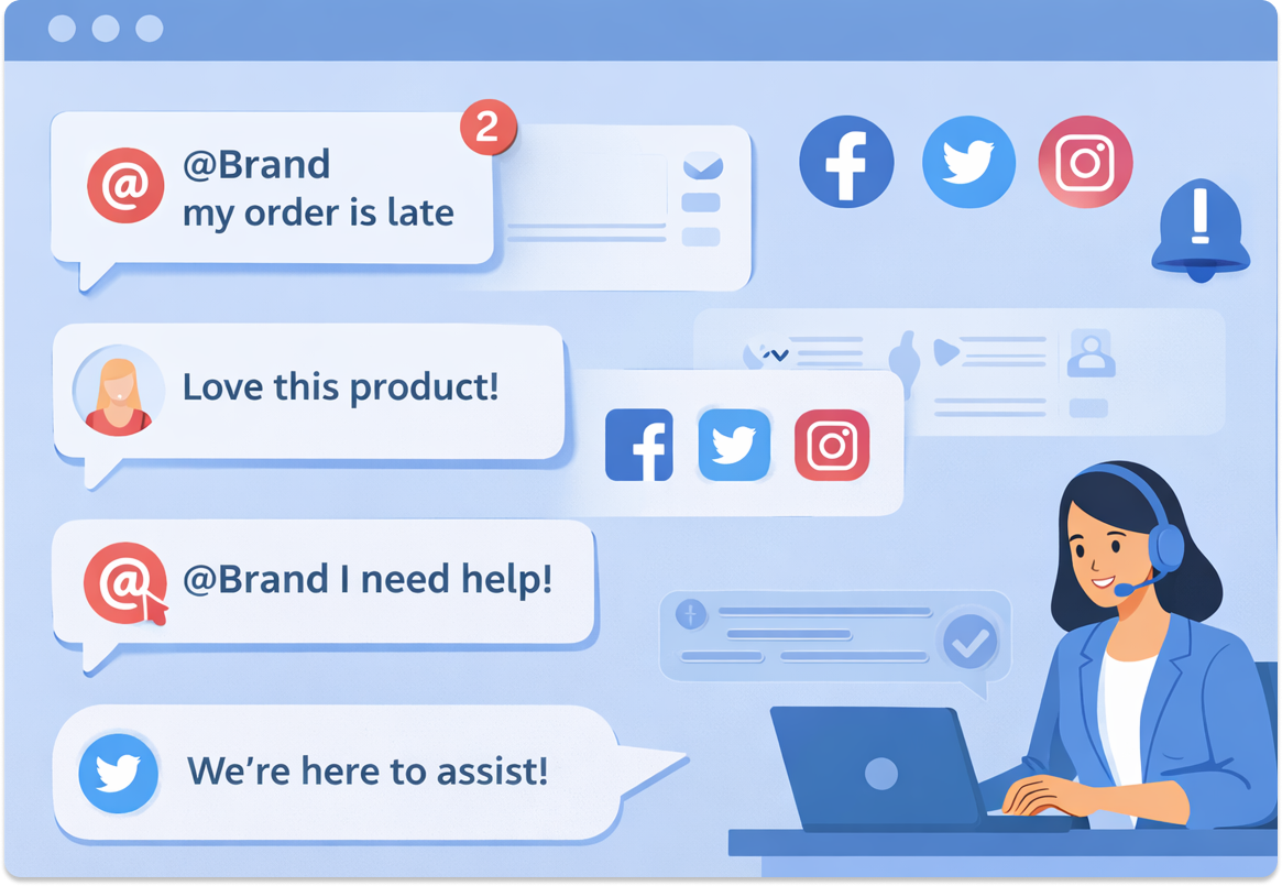 Social media monitoring dashboard showing brand mentions and customer replies.