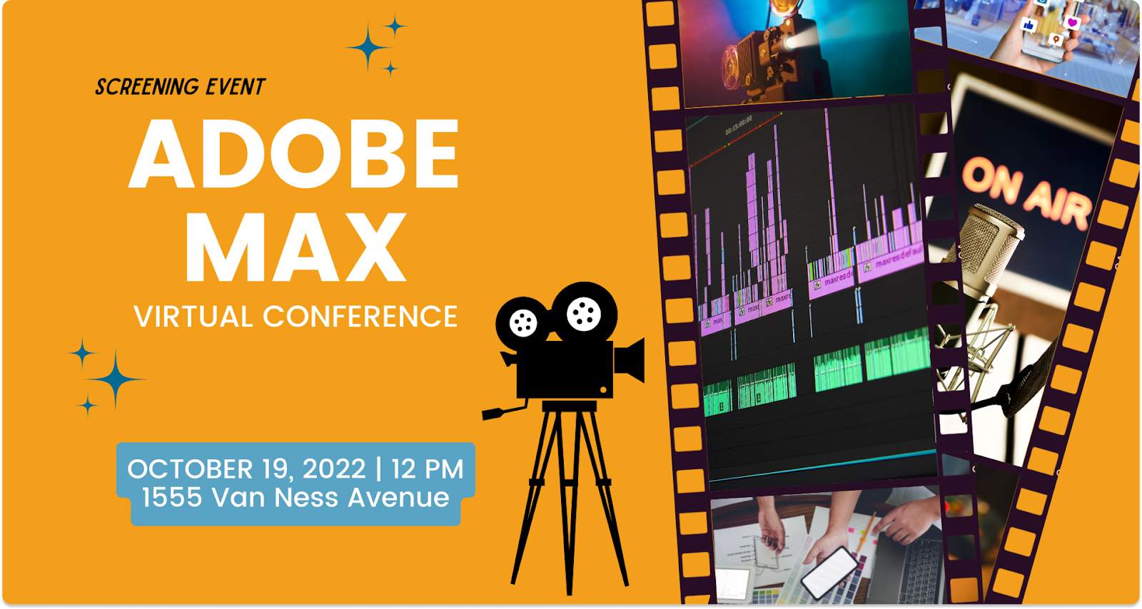 Adobe MAX virtual conference event poster with film reel graphics and media production visuals.
