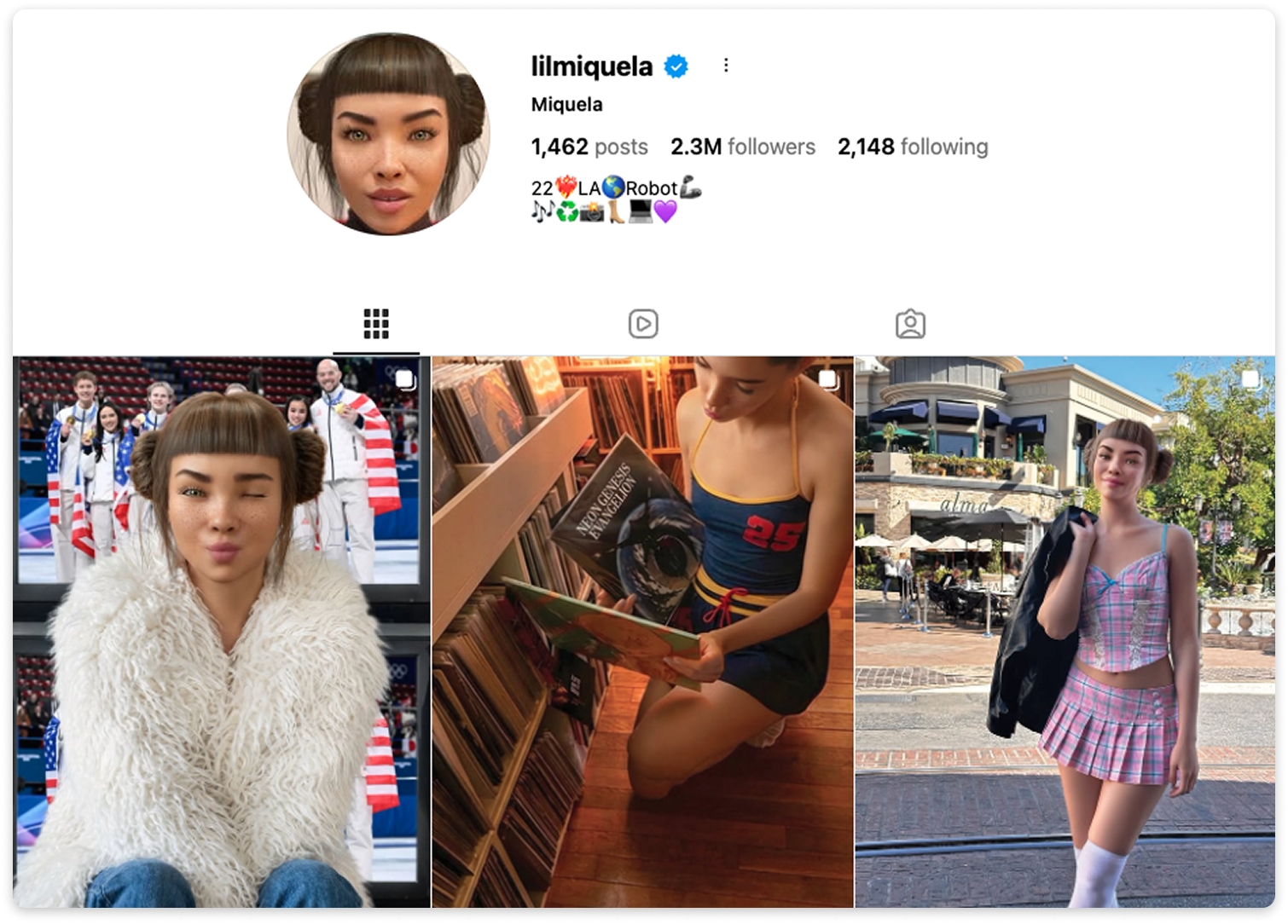 Screenshot of a virtual influencer’s Instagram profile showing the profile header and a grid of posts.