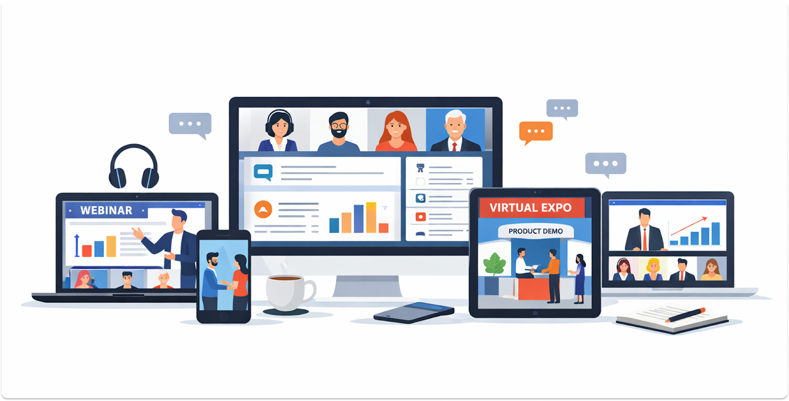 Virtual event illustration showing webinars, video meetings, and virtual expo booths across laptop, tablet, and mobile devices.