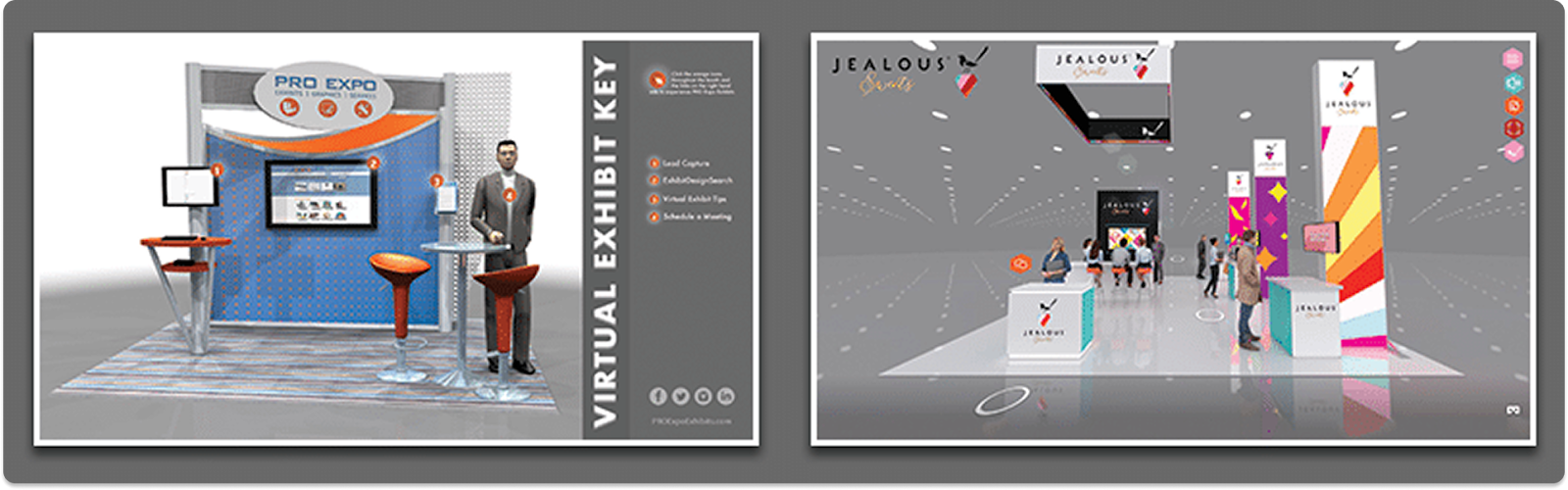Virtual tradeshow booth examples showing digital exhibitor displays and interactive booth designs.