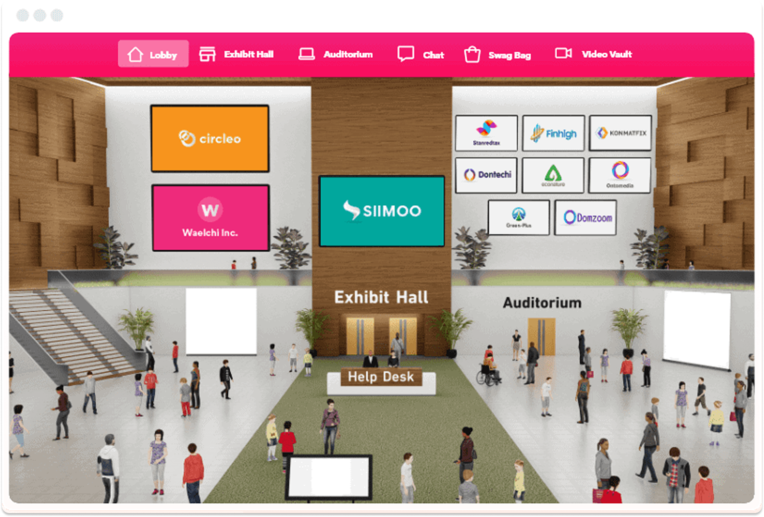 Virtual event platform lobby showing an exhibit hall, auditorium, and attendee navigation areas.