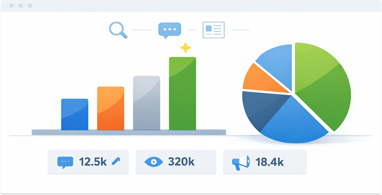 Share of voice marketing dashboard illustration showing brand visibility comparison with bar chart and pie chart.