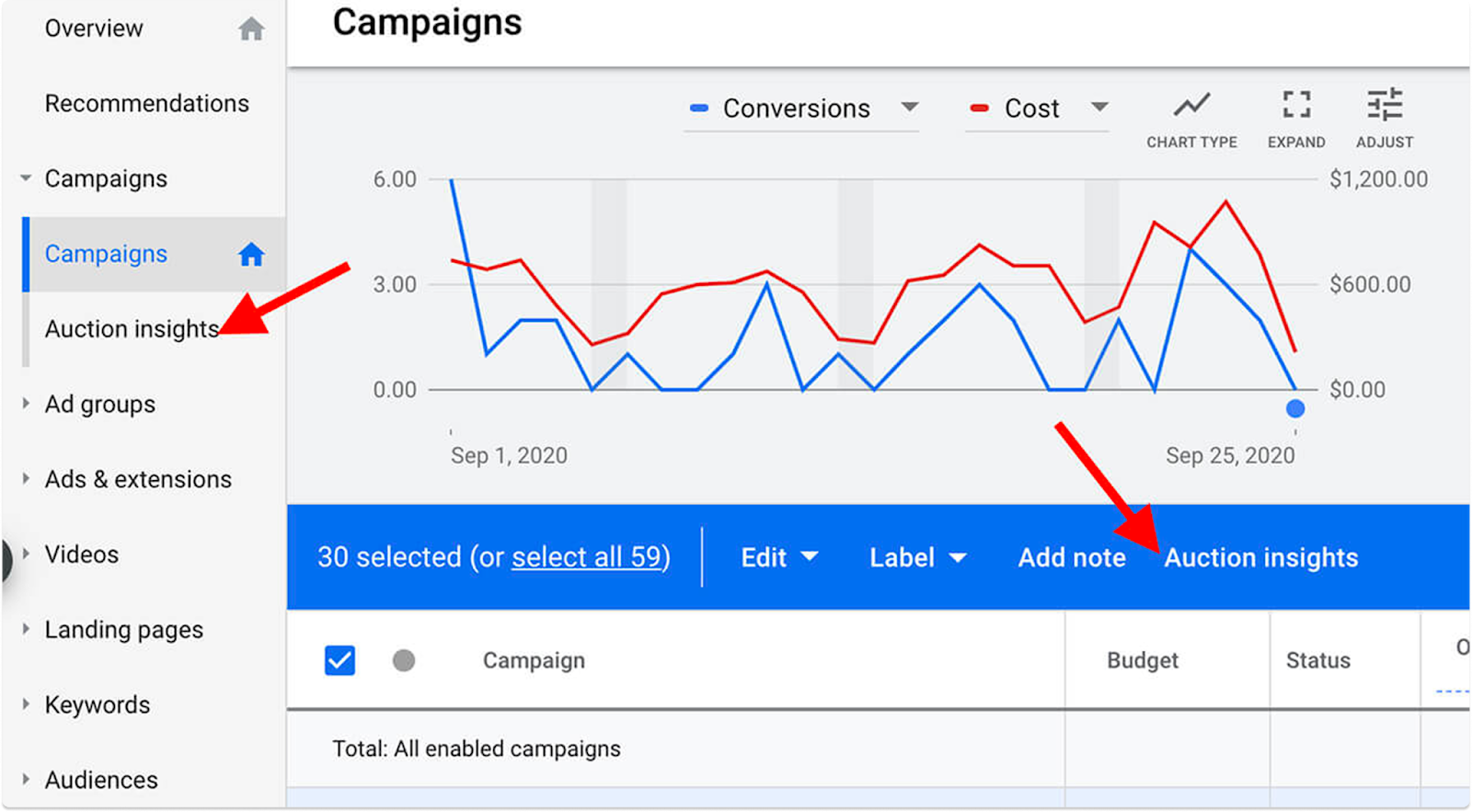 Google Ads auction insights dashboard showing competitor impression share and campaign performance.