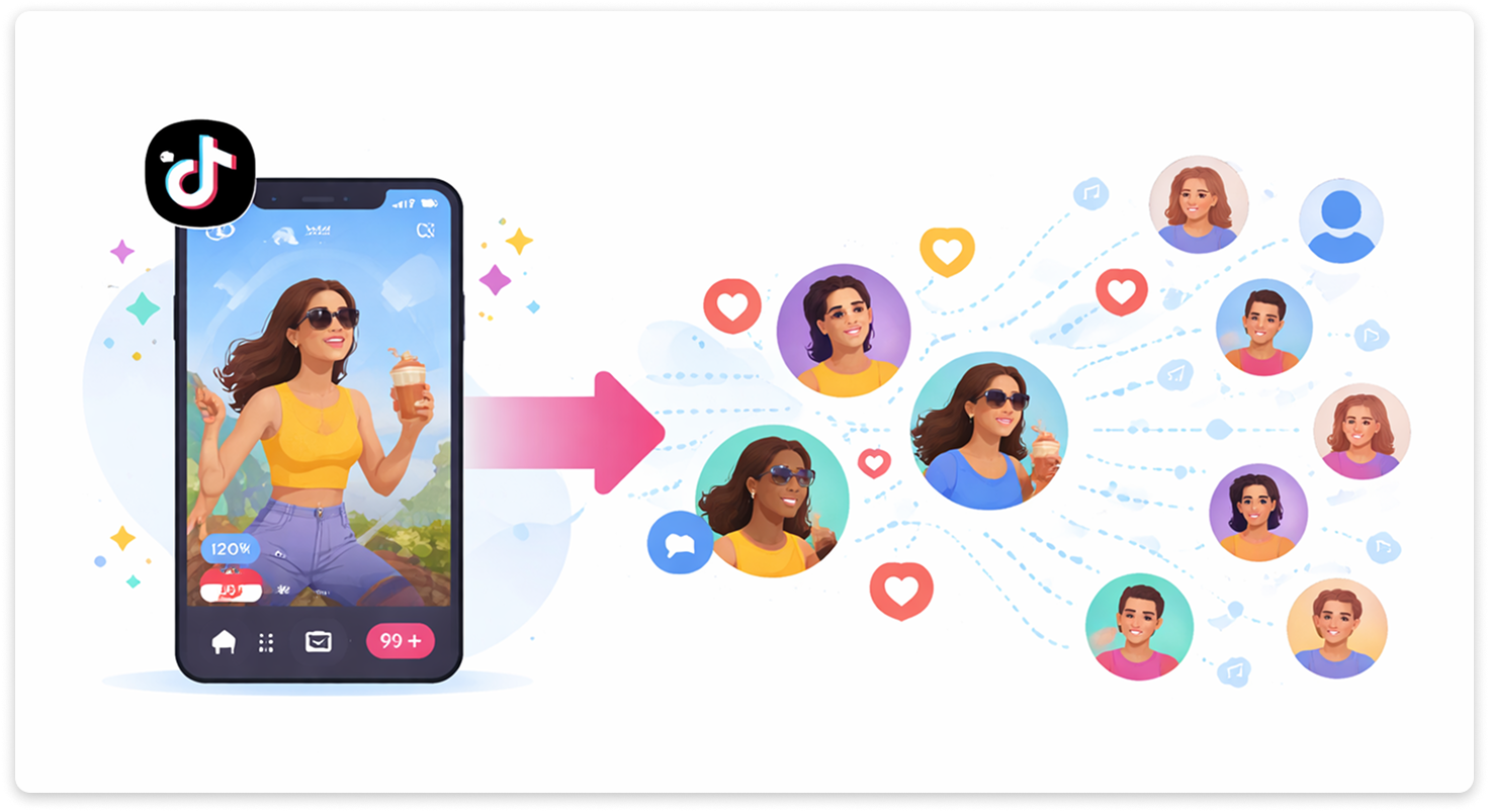 TikTok video spreading from one post to many users through shares and remixes.