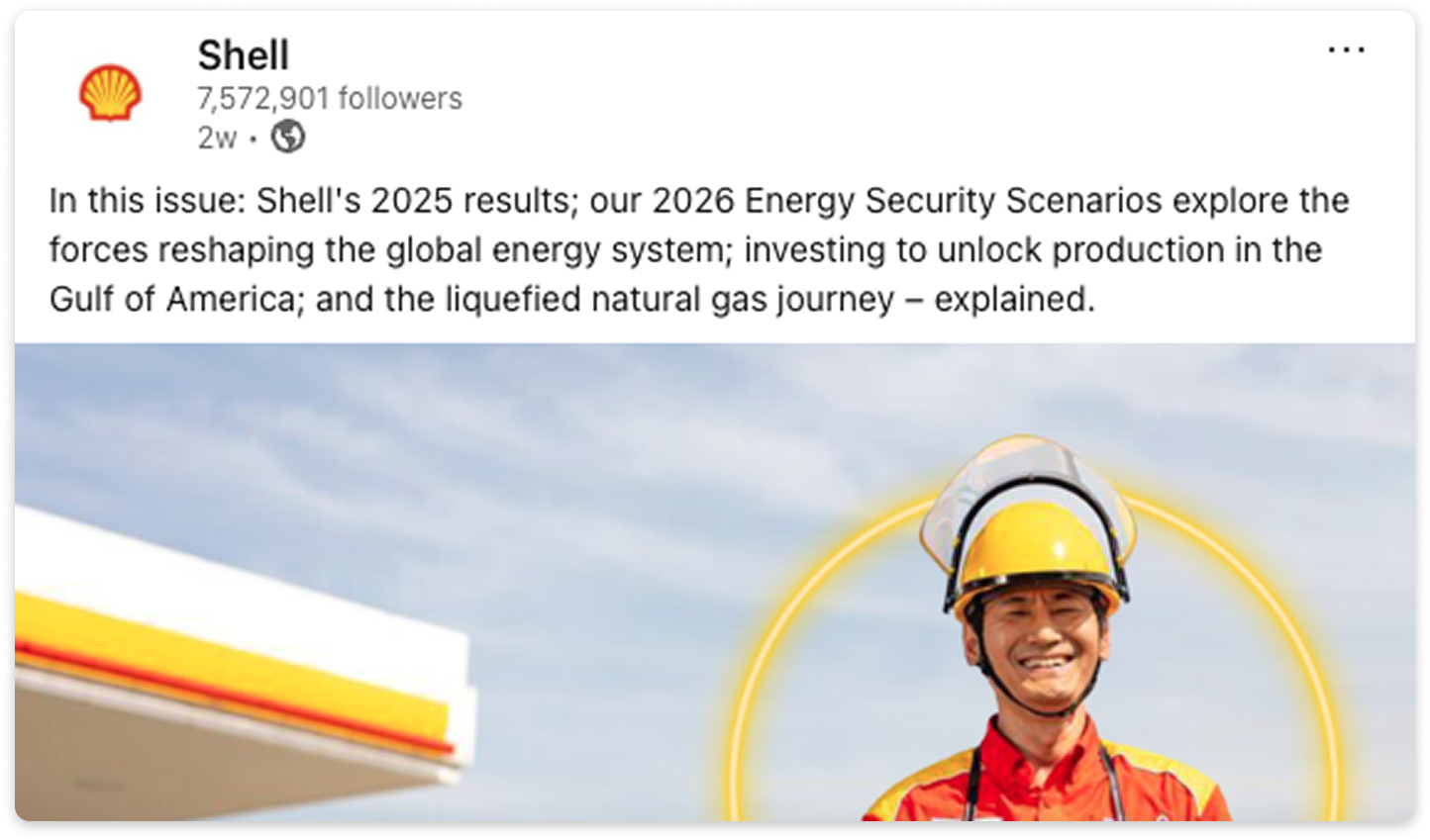 Shell LinkedIn post promoting company updates, including 2025 results and energy scenarios, with a worker in safety gear.