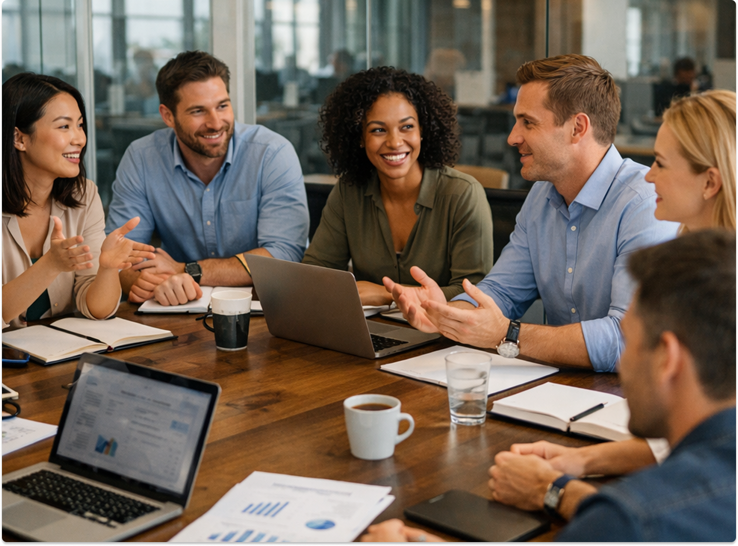 Corporate team discussing a project during a meeting in a modern office conference room.