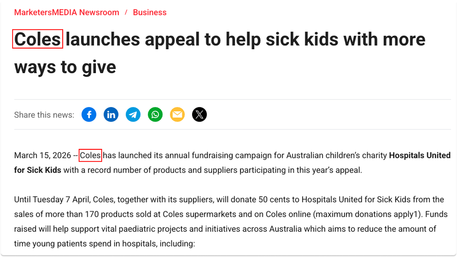 Press release headline and paragraph about Coles launching a fundraising campaign for sick children.