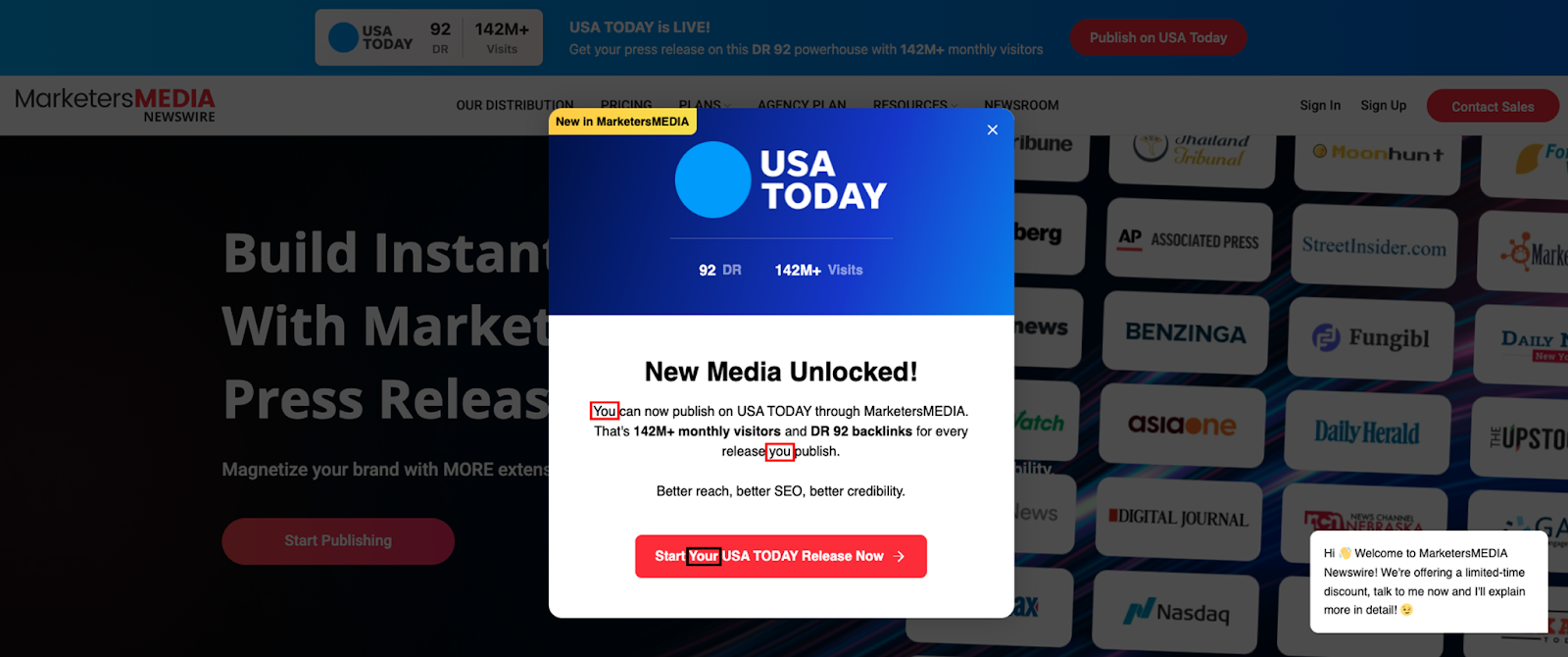 Landing page popup inviting users to publish a press release on USA TODAY through MarketersMEDIA.