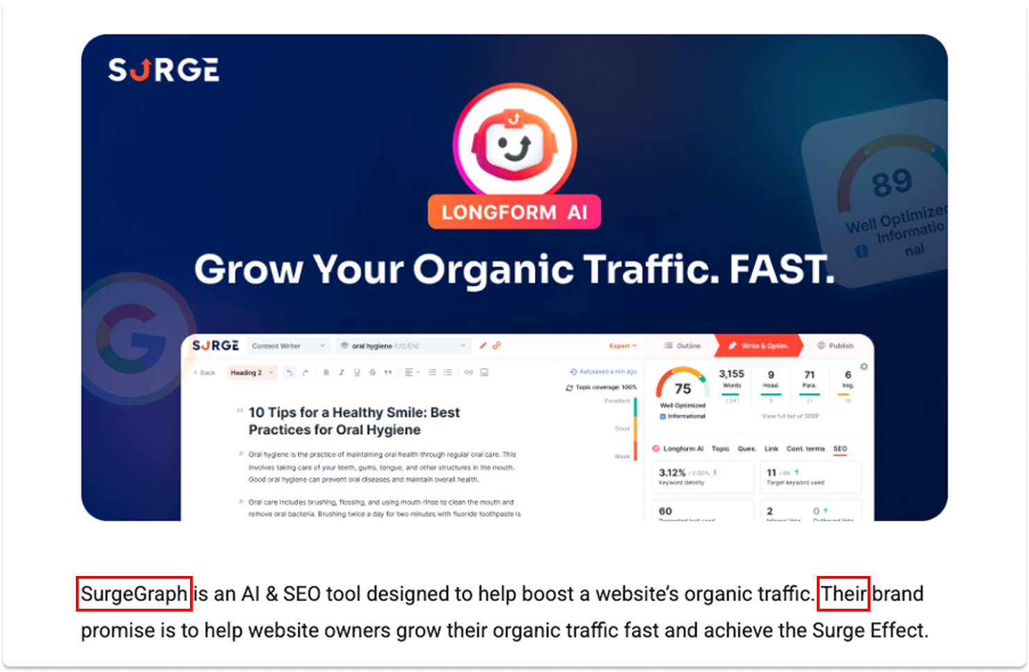 Case study section describing SurgeGraph as an AI SEO tool using third-person narration.