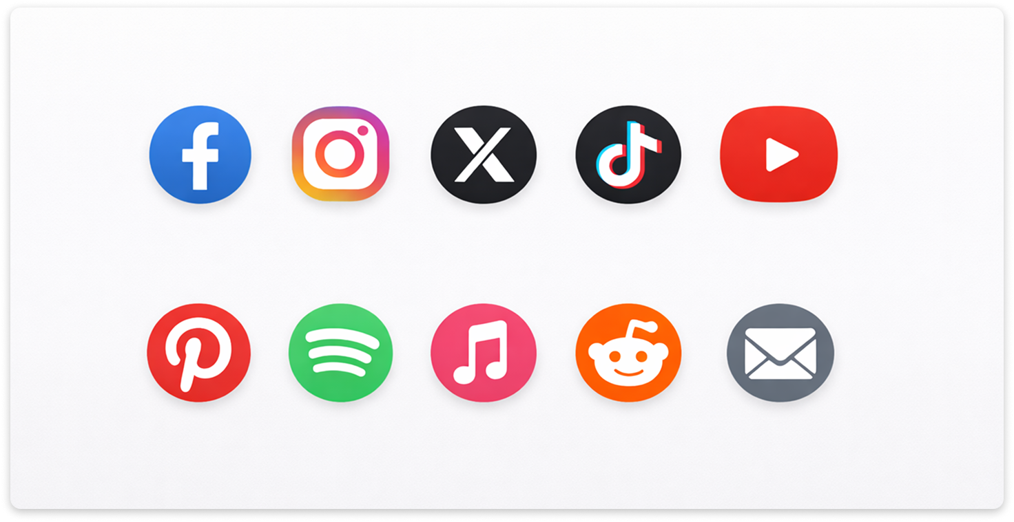 Minimal icons of social, music, forum, and email platforms.
