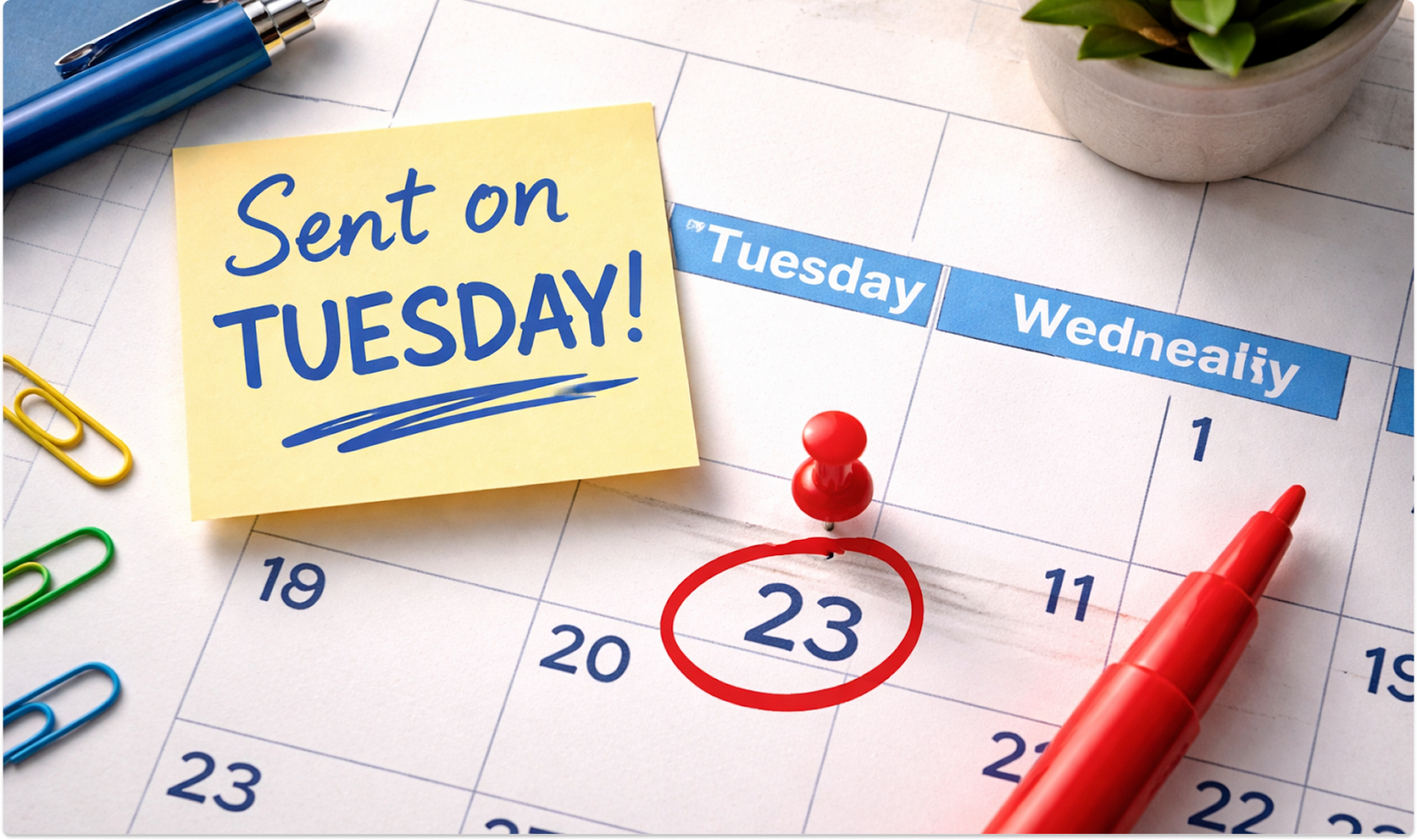 Calendar with a note reading “Sent on Tuesday” and the date circled.