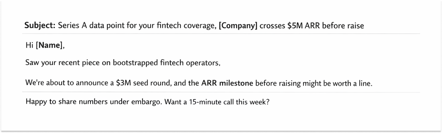 A pitch email showing a fintech funding story with subject line and brief outreach message offering an embargoed data share and short call.