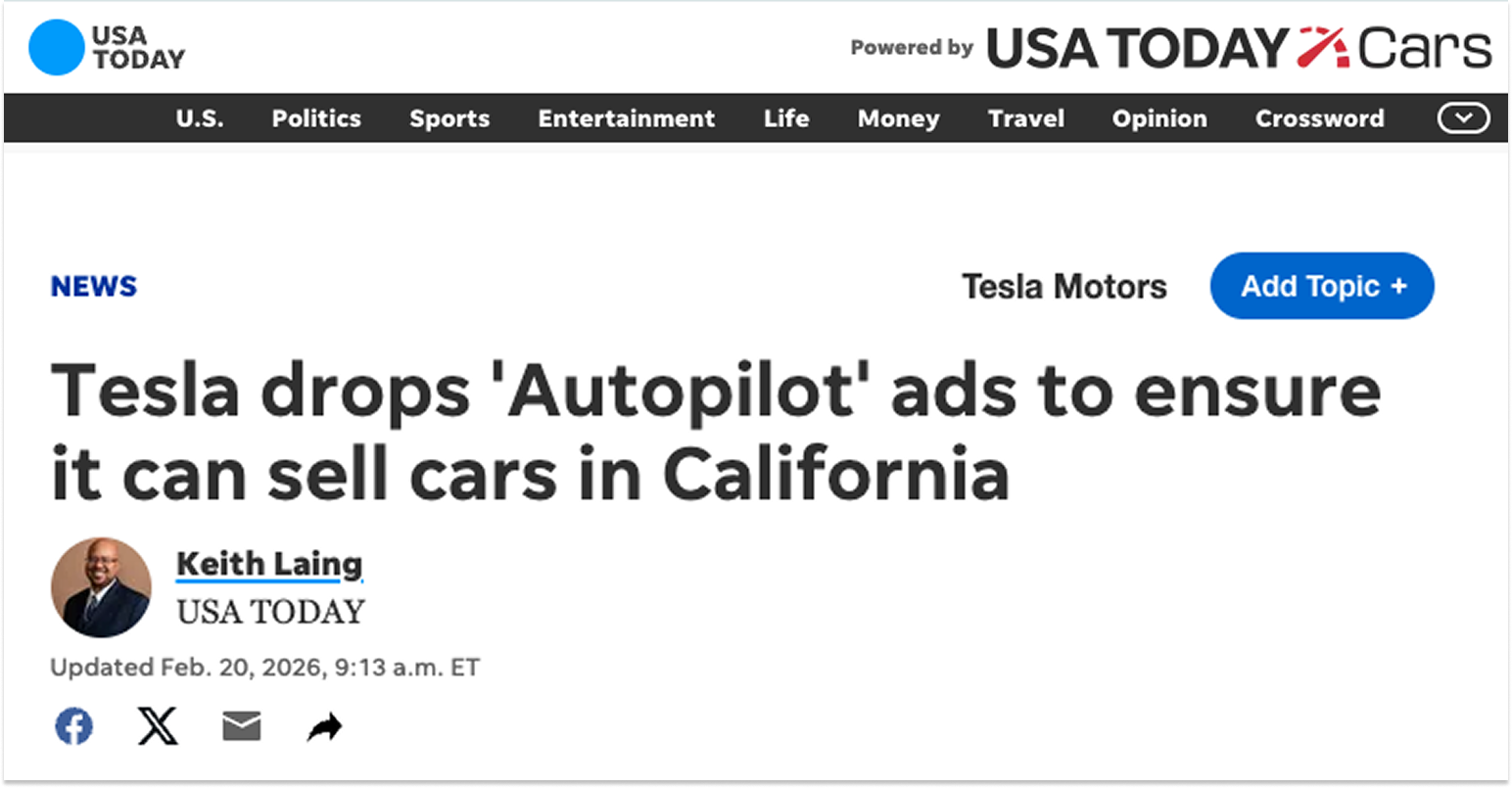 Tesla in news headlines on USA Today website.