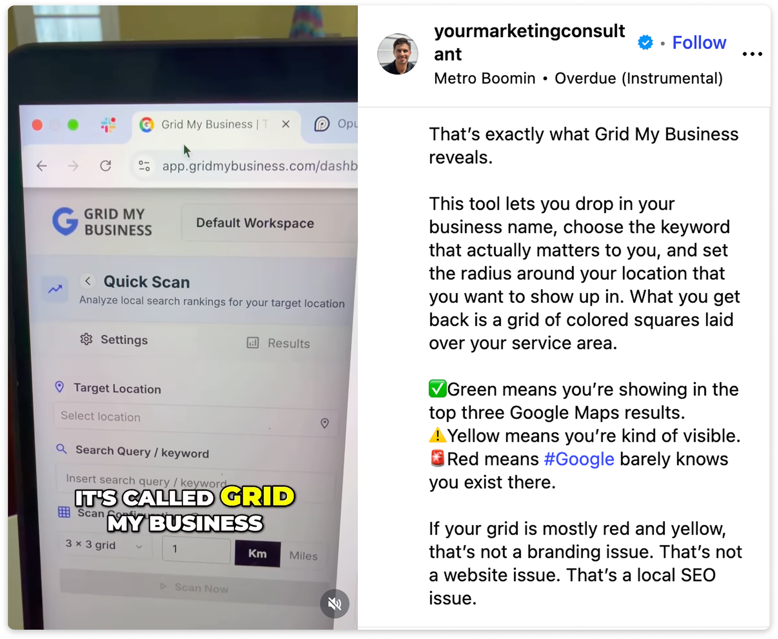 Instagram post showing the Grid My Business dashboard with text explaining how the tool visualizes local search rankings.