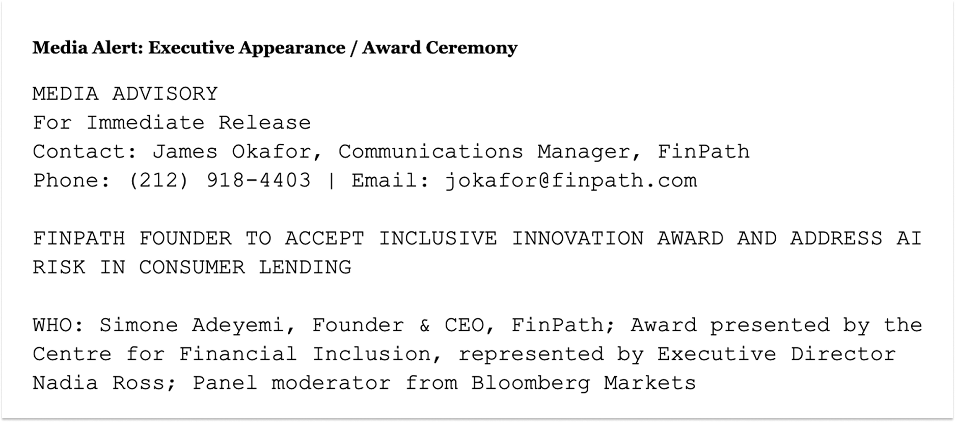 Media alert executive appearance example.