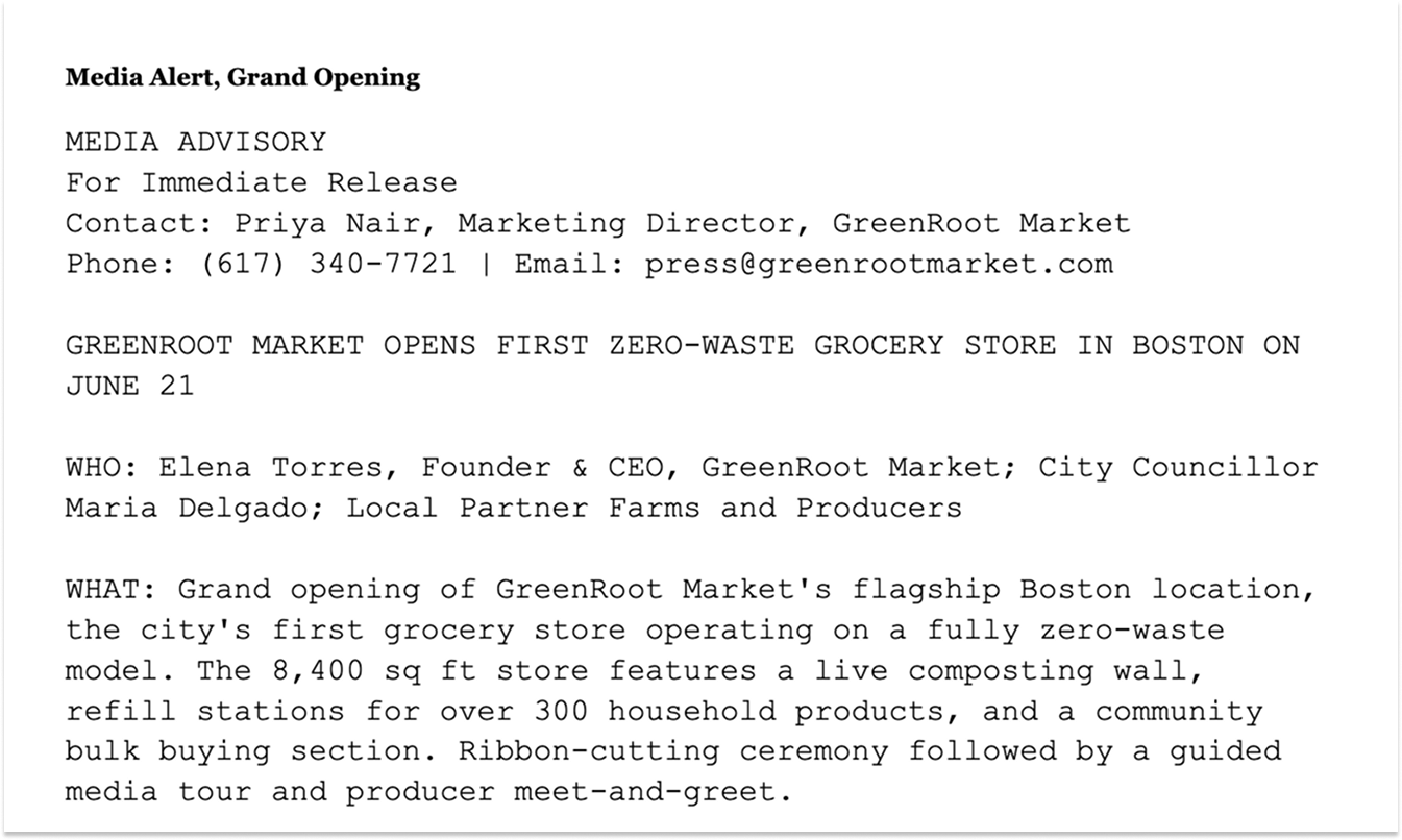 Grand opening media alert example
