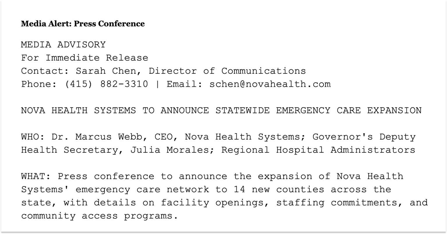 Press conference media alert example