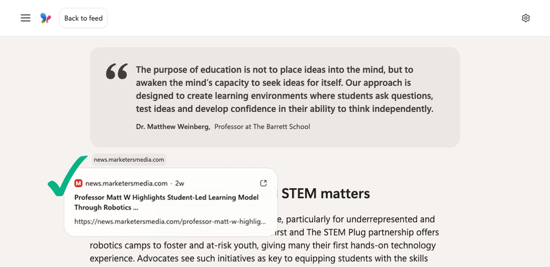 MSN article on student STEM programs with a pull quote cited to news.marketersmedia.com.
